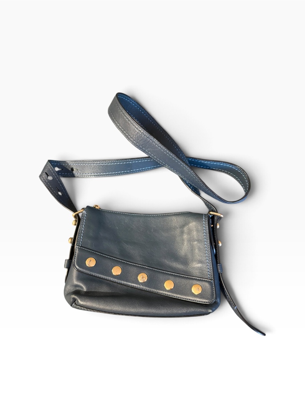 Marc Jacobs Blue Leather Studded Crossbody Shoulder Bag Gold Hardware